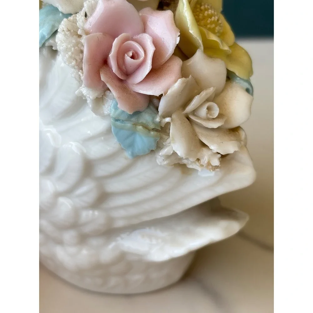 Vintage Porcelain Swan Figurine Applied Pastel Flowers